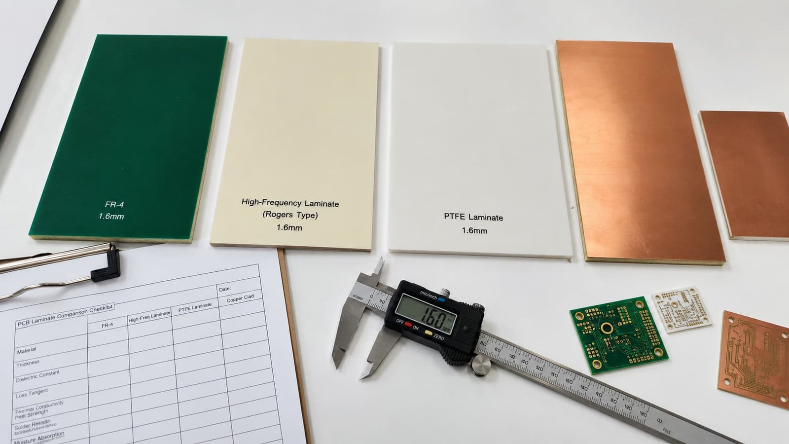 PCB laminate material comparison with FR4 high frequency laminate PTFE material copper panels caliper and engineering checklist