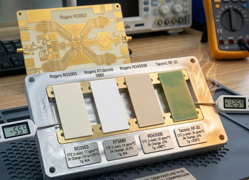 Material property comparison for aerospace wide temperature range PCB showing CTE Dk temperature coefficient and Tg values for Rogers RO4350B RO3003 RT5880 and FR4