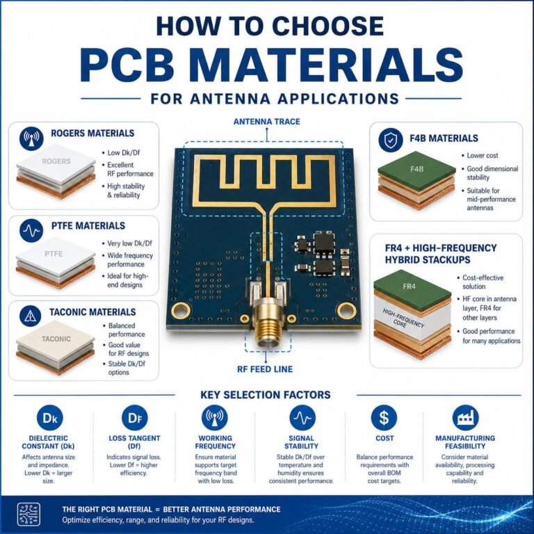 Antenna PCB material selection guide showing Rogers, PTFE, Taconic, F4B, and FR4 hybrid stackups with antenna trace, RF feed line, dielectric constant, loss tangent, working frequency, and manufacturing feasibility factors.