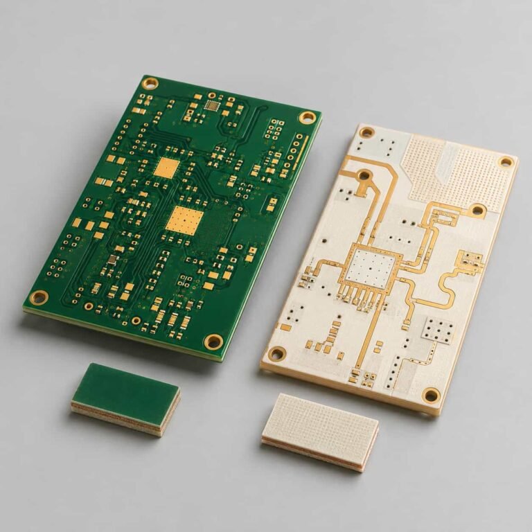 PTFE PCB vs FR4 PCB material comparison with copper traces plated holes RF routing area and laminate samples