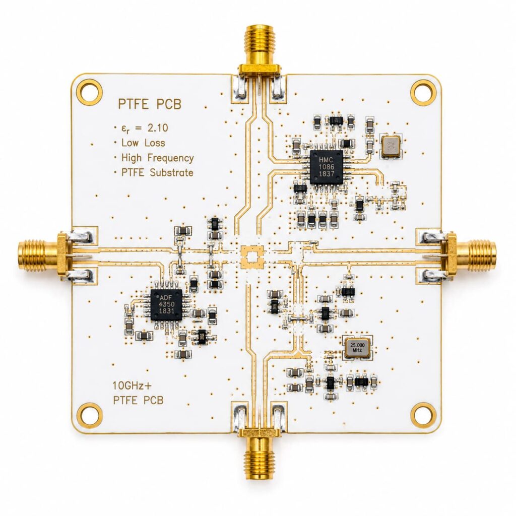 PTFE PCB with Gold RF Traces on White Background