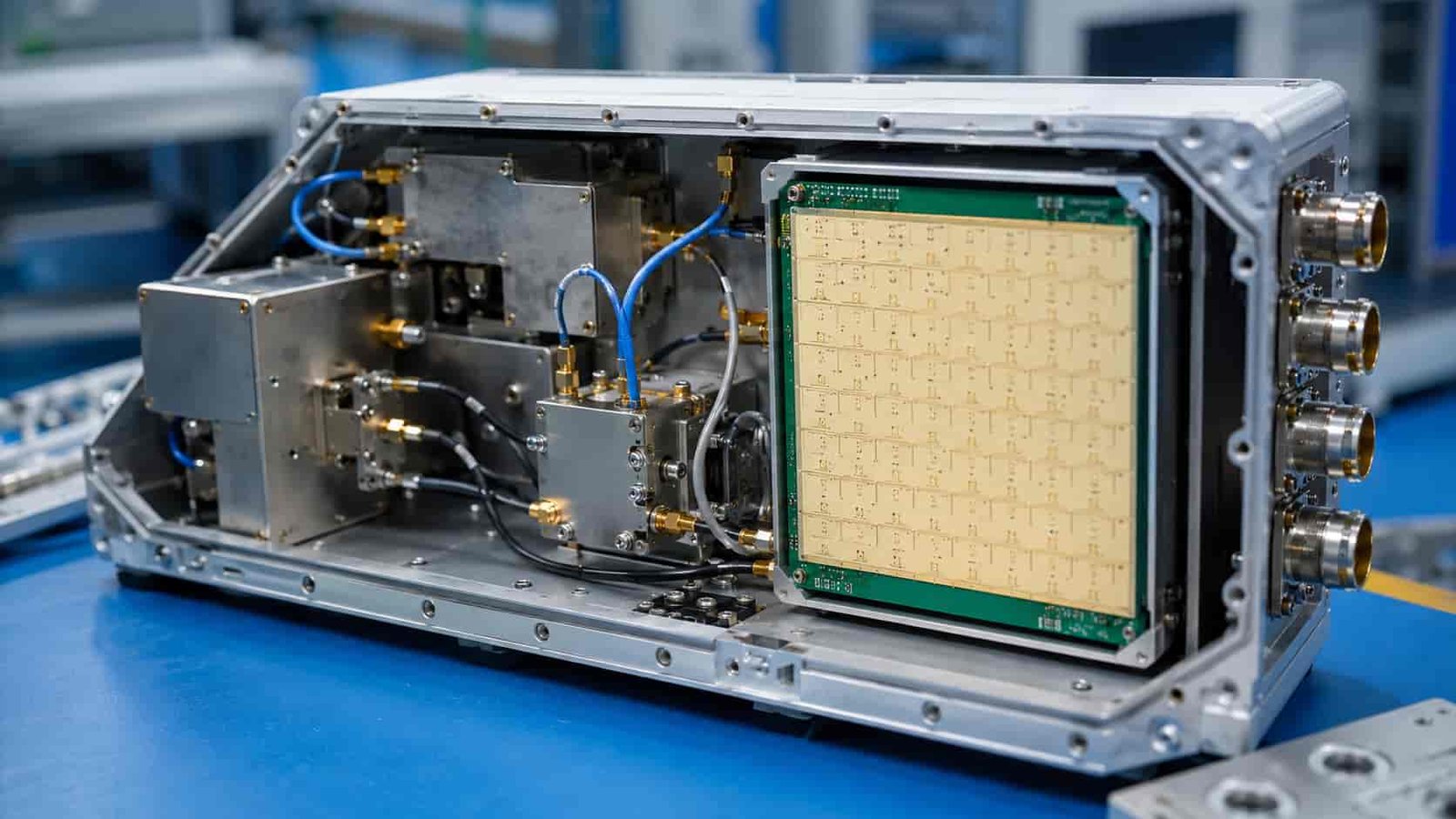 Phased array antenna PCB installed inside RF module enclosure with shielding connectors coaxial cables and antenna panel area