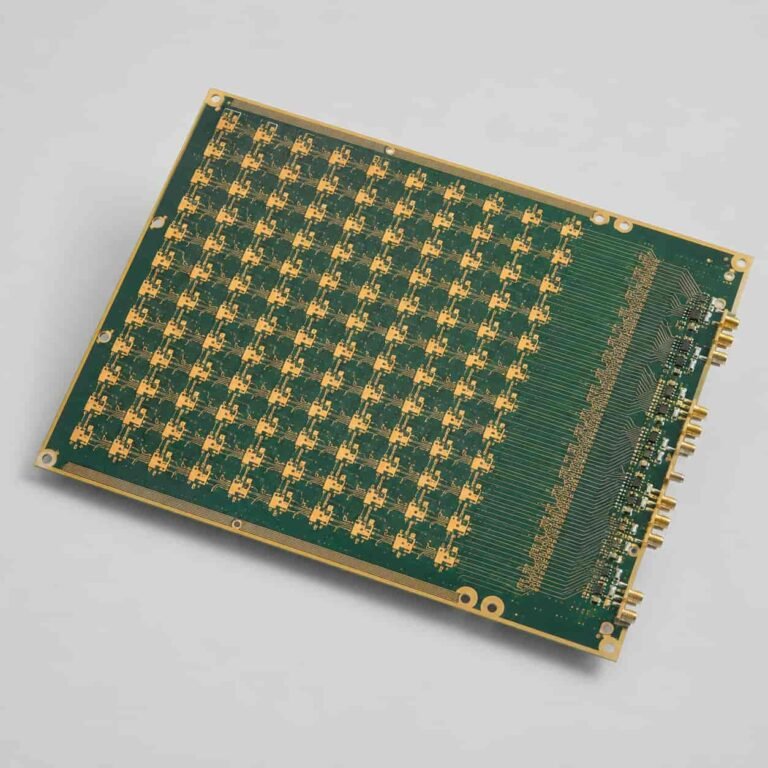 Phased array antenna PCB with repeated antenna elements RF feed network copper patterns plated vias and connector areas