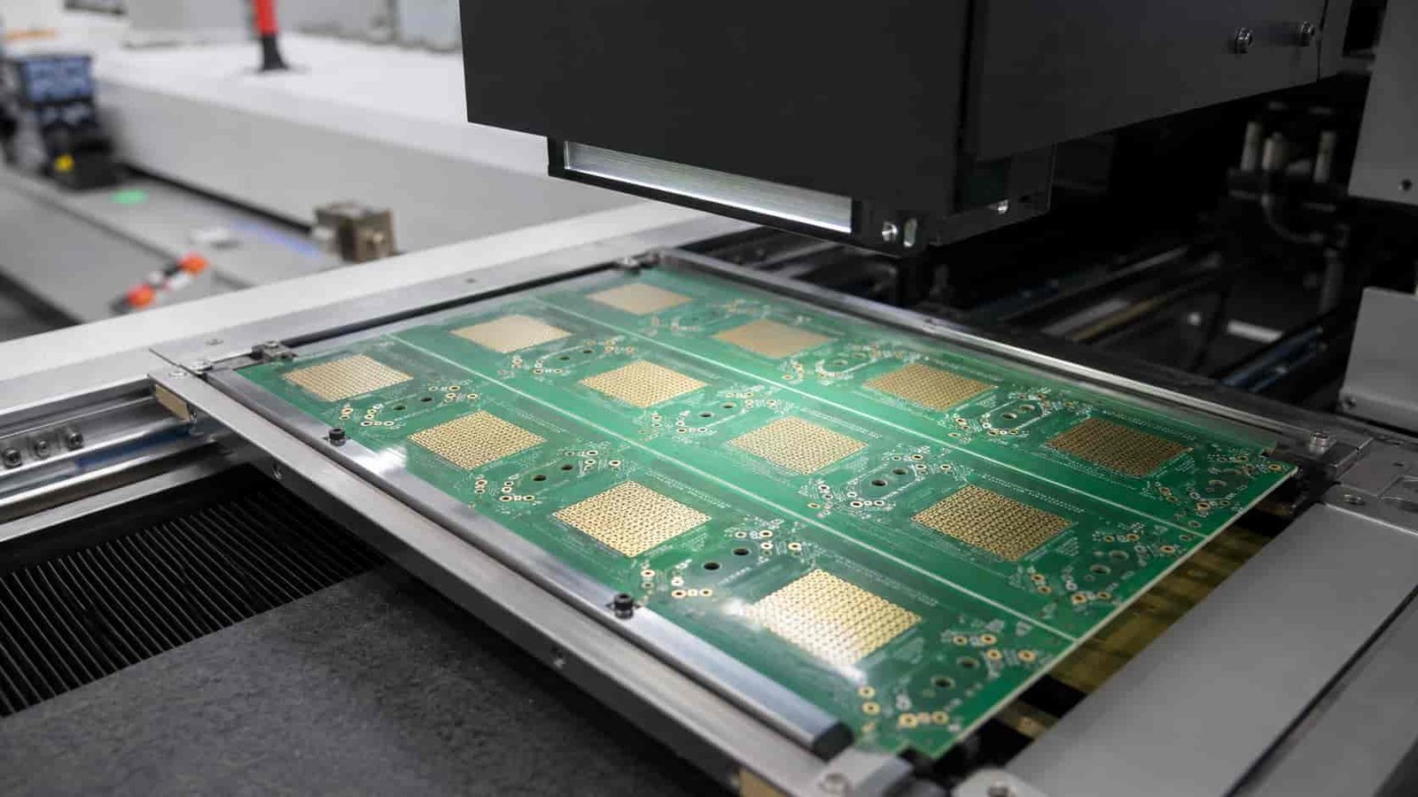 Phased array antenna PCB panel under optical inspection with repeated antenna patterns RF feed lines plated holes and production rails