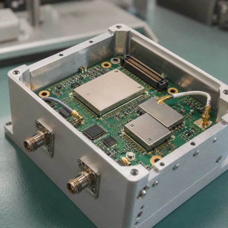 RF module PCB installed inside compact communication enclosure with shielding cans RF connectors coaxial cable and controlled impedance routing