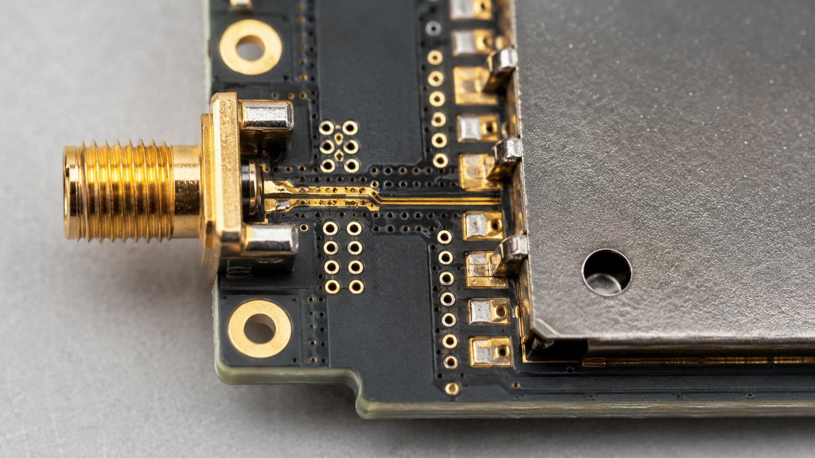 Precision SMT pick-and-place machine mounting fine-pitch components and shielding cans onto a panel of RF module PCBs.