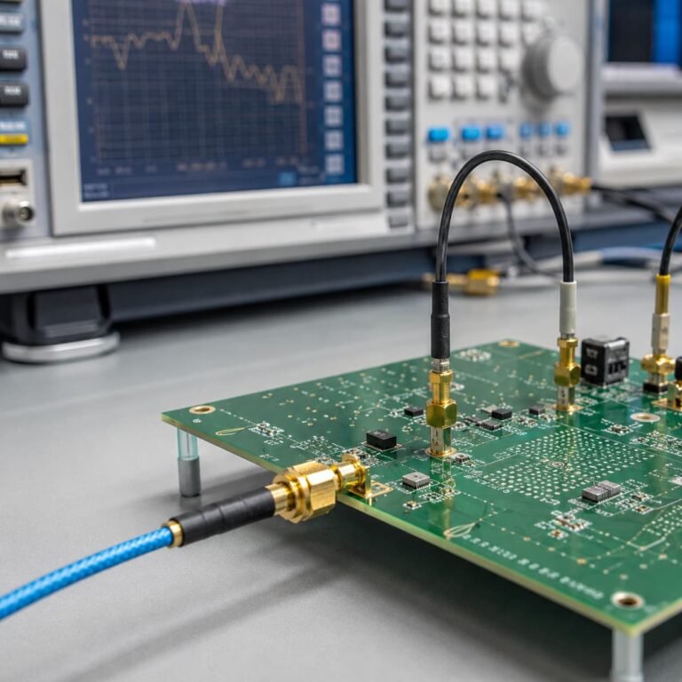 RF PCB connected to impedance testing equipment with SMA connectors coaxial cables probes and controlled impedance traces
