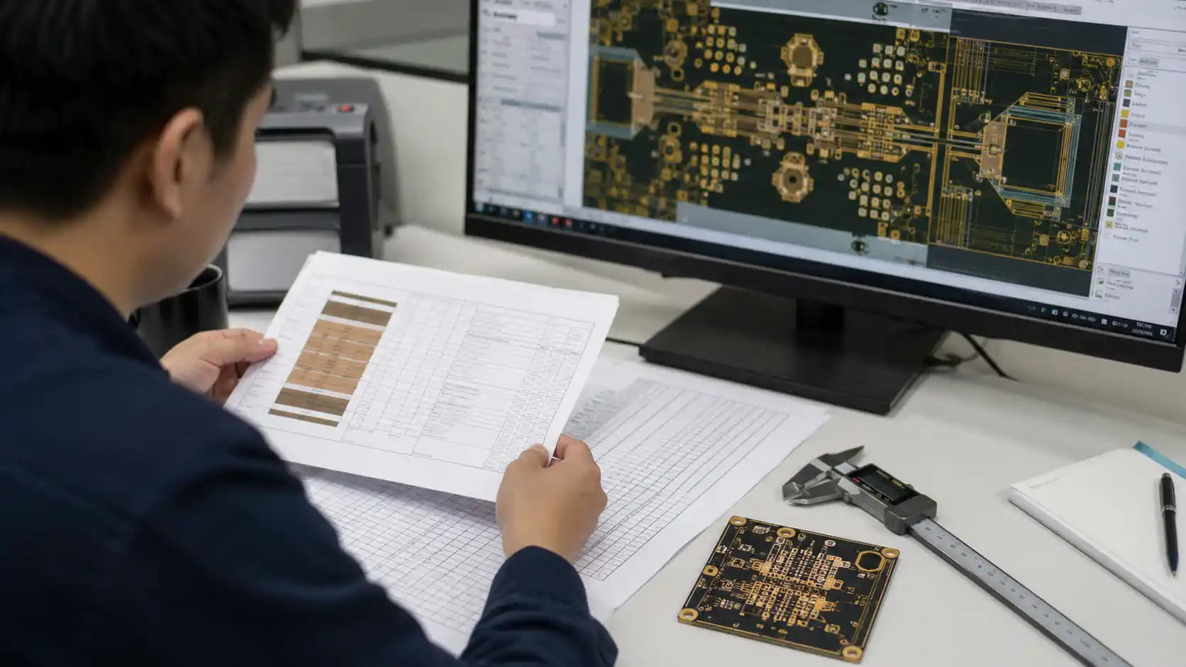 High frequency PCB sample, stackup document, drill chart, caliper, engineering workstation, Gerber preview blurred.
Avoid: Readable confidential text, generic laptop mockup, futuristic UI, cluttered desk, AI-style glowing screen.
