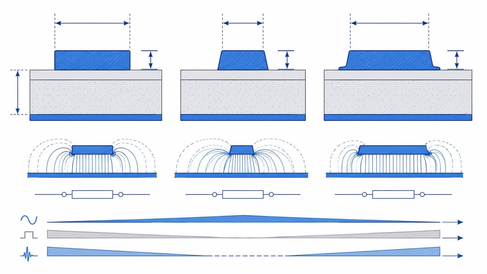 Diagram showing over-etching and under-etching effects on RF PCB trace width, impedance and signal performance for high frequency microwave circuit boards