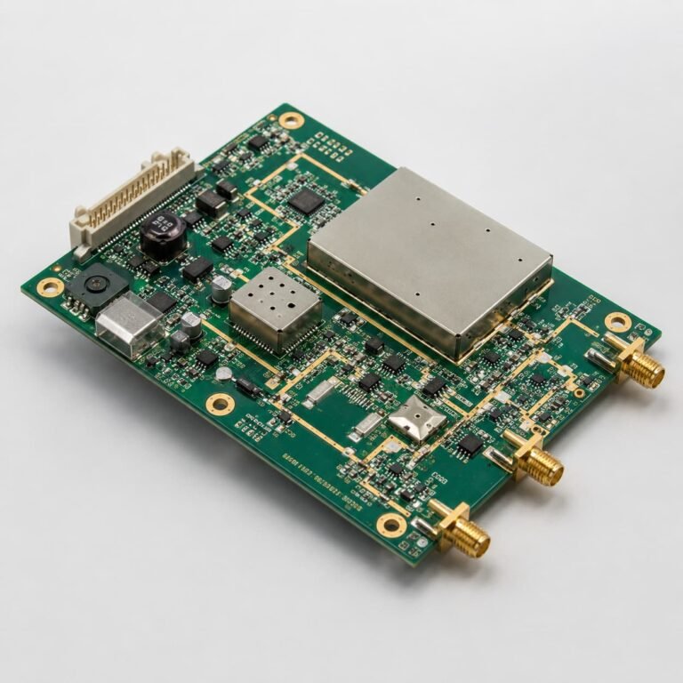 RF PCB for industrial equipment with shielding cans RF connectors power components controlled impedance traces and plated vias