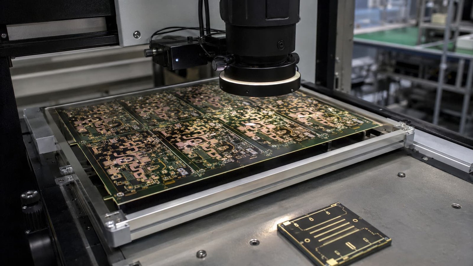 RF PCB panel under production inspection with impedance test coupon fine traces plated holes and controlled manufacturing process