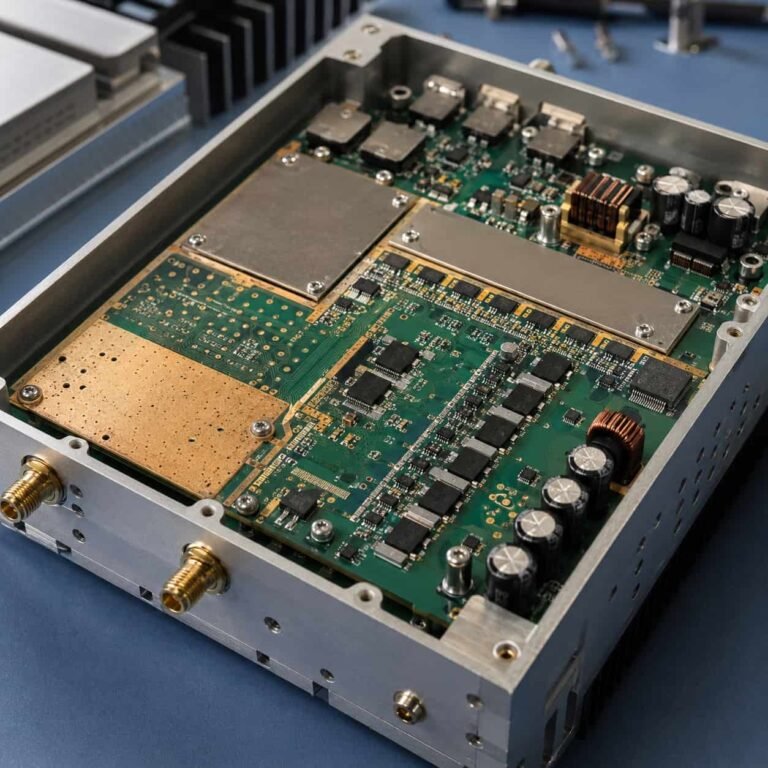 RF power amplifier PCB installed inside metal enclosure with heat sink RF connectors power components thermal vias and controlled impedance routing
