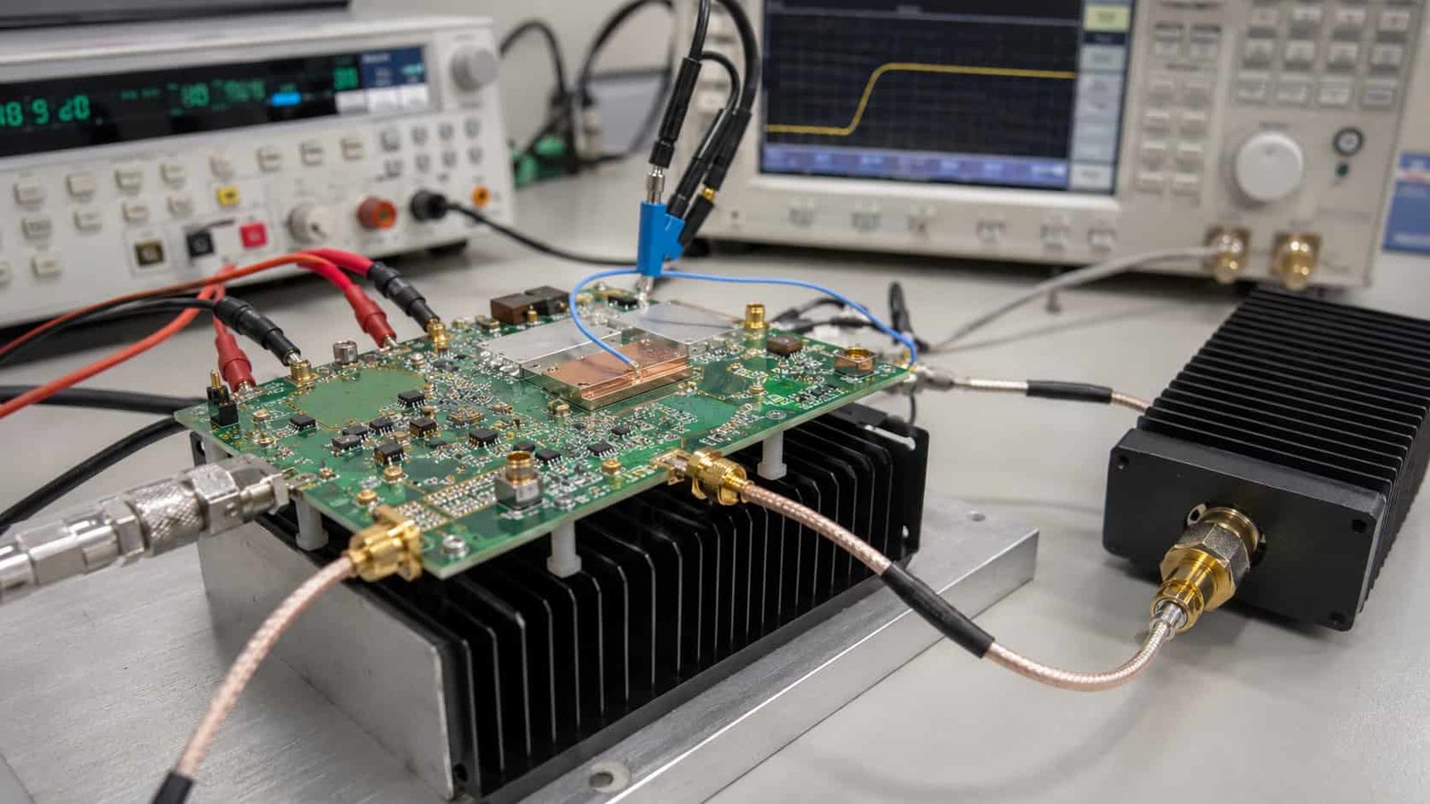 RF power amplifier PCB connected to RF test equipment with coaxial cables heat sink RF load probes and measurement instruments