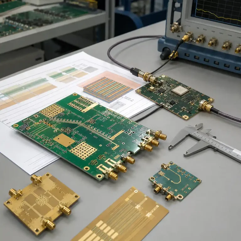 RF and microwave PCB prototypes under engineering review with SMA connectors impedance coupon stackup sheet and test setup