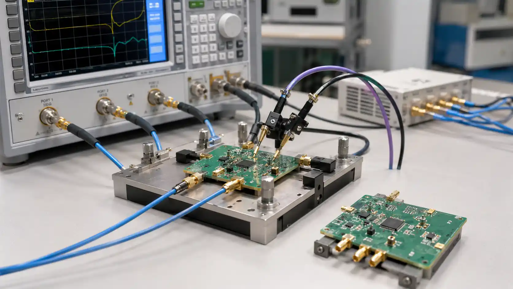 RF and microwave PCB prototypes connected to test equipment with coaxial cables SMA connectors probes and measurement fixture