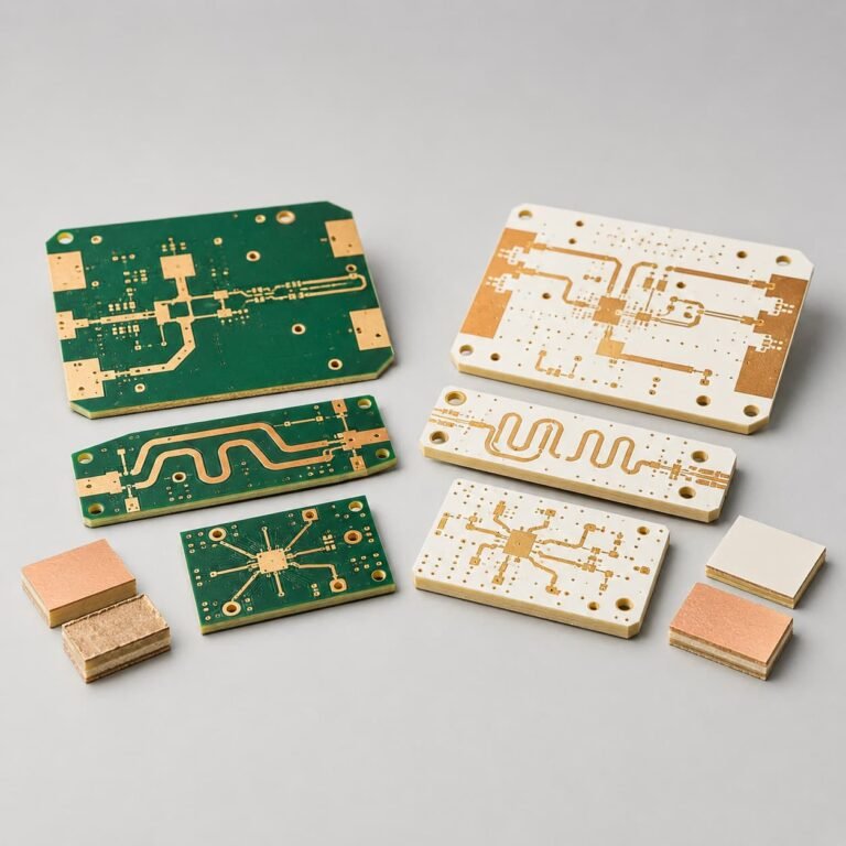 RO3000 vs RO4000 Rogers PCB material comparison with RF traces plated vias gold pads and high frequency laminate samples