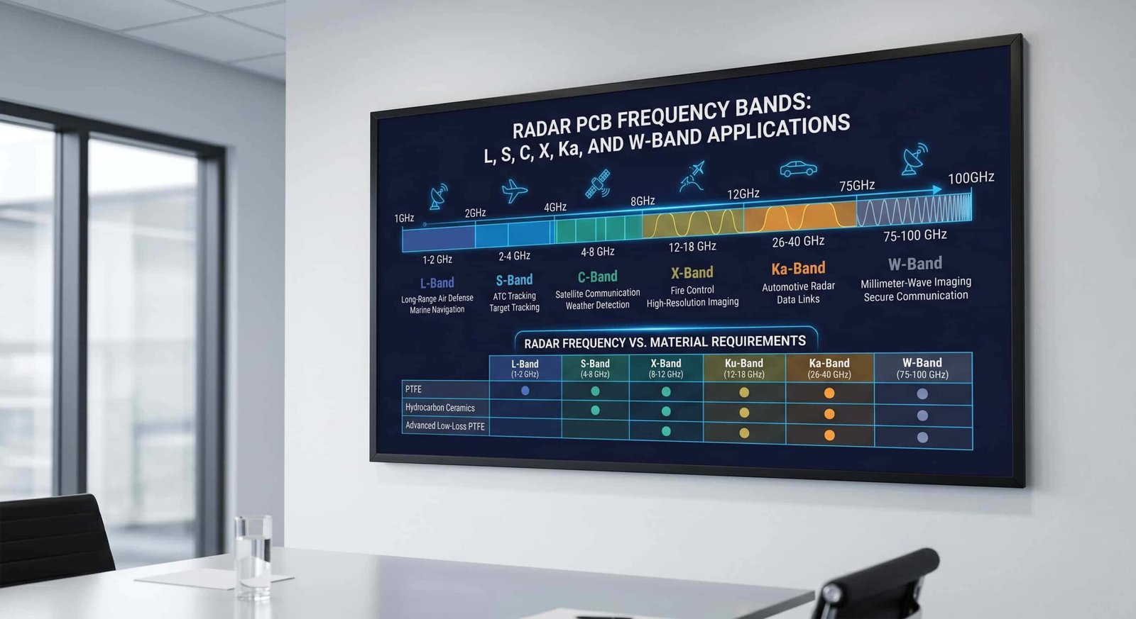 Radar frequency band diagram showing L-band S-band C-band X-band Ka-band and W-band frequency ranges and corresponding radar PCB material requirements for defense and aerospace applications