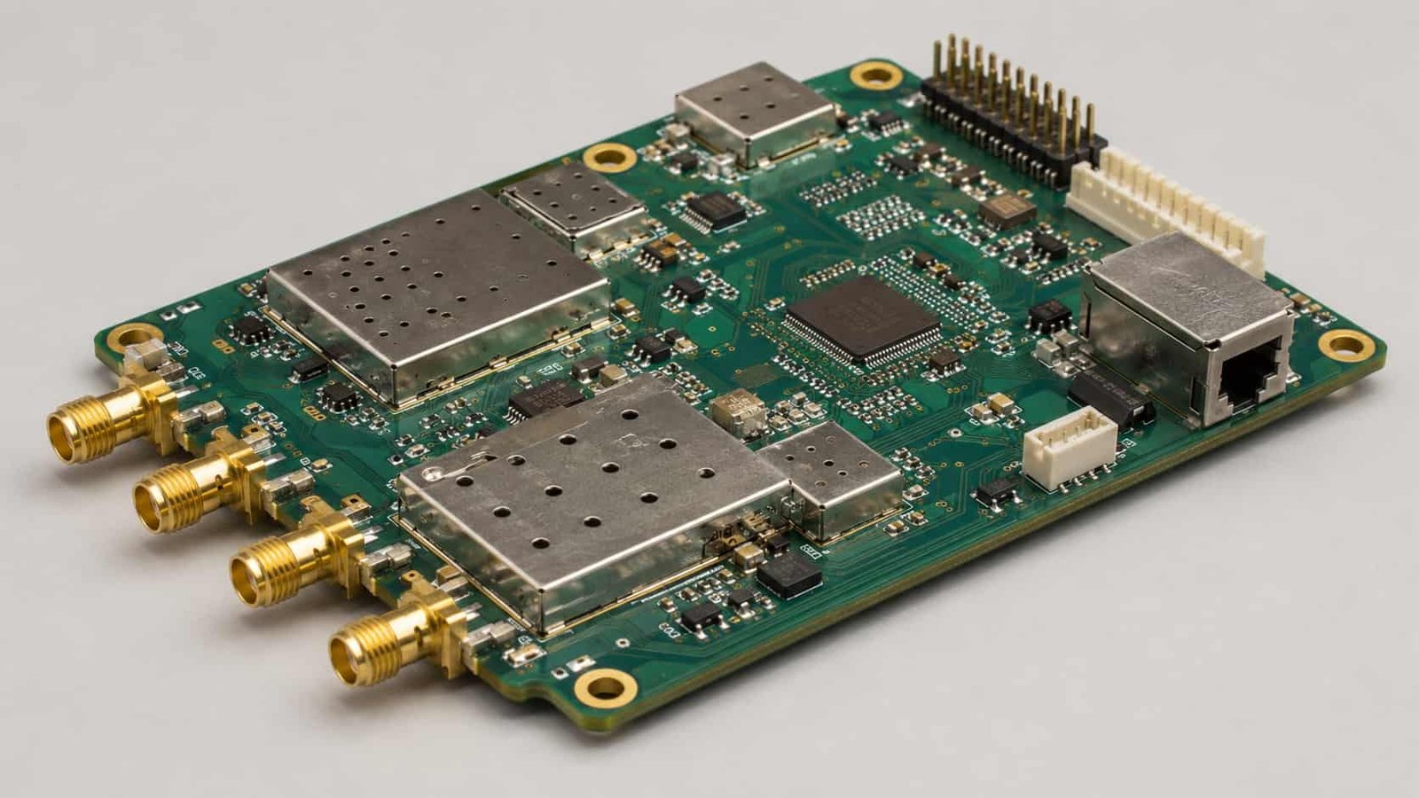 A finished RF module utilizing Rogers 3000 series material, designed for aerospace radar or satellite communication.