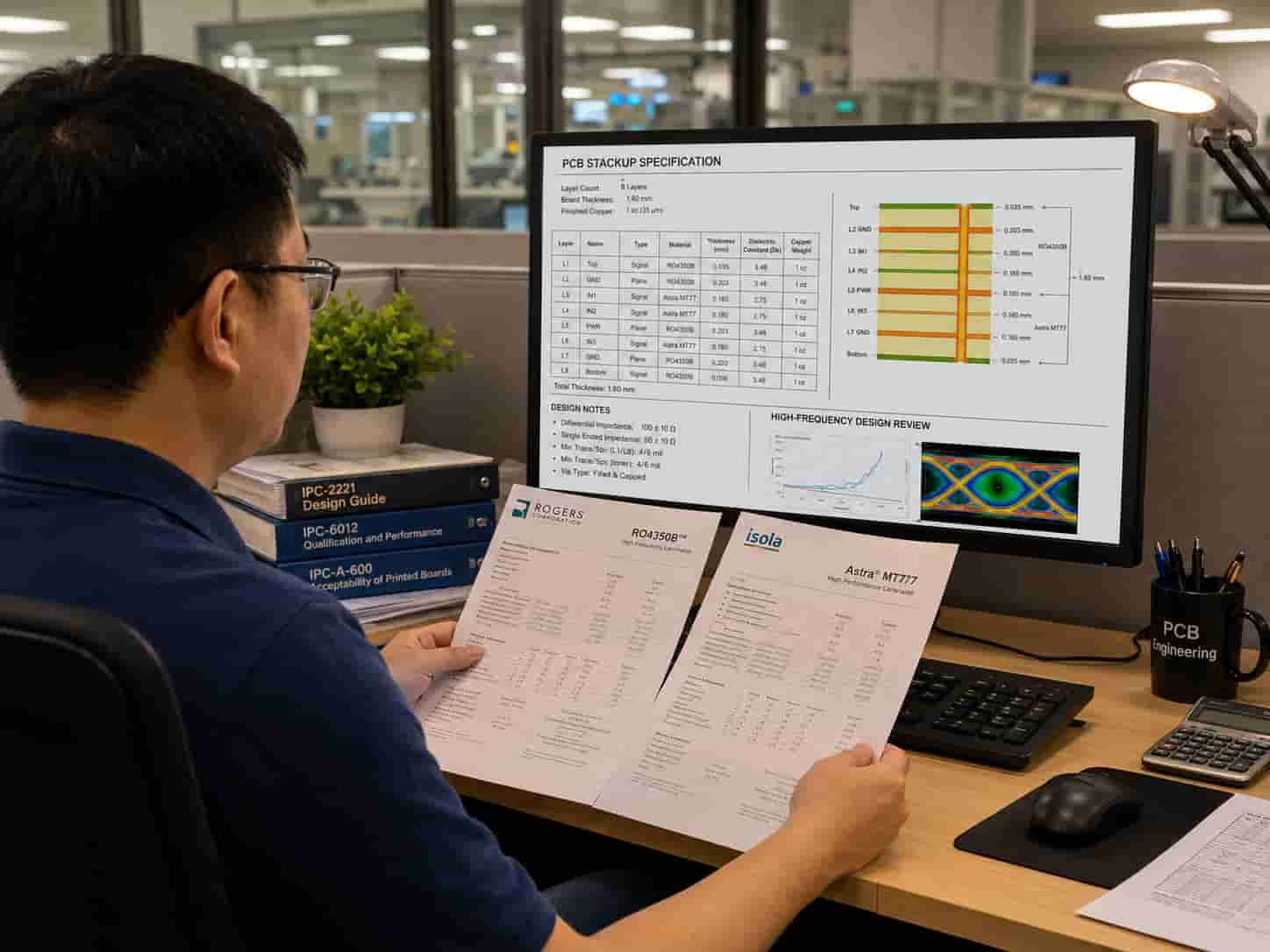 Riching PCB factory engineer reviewing Rogers RO4350B and Isola Astra MT77 material specifications for high frequency PCB project before production