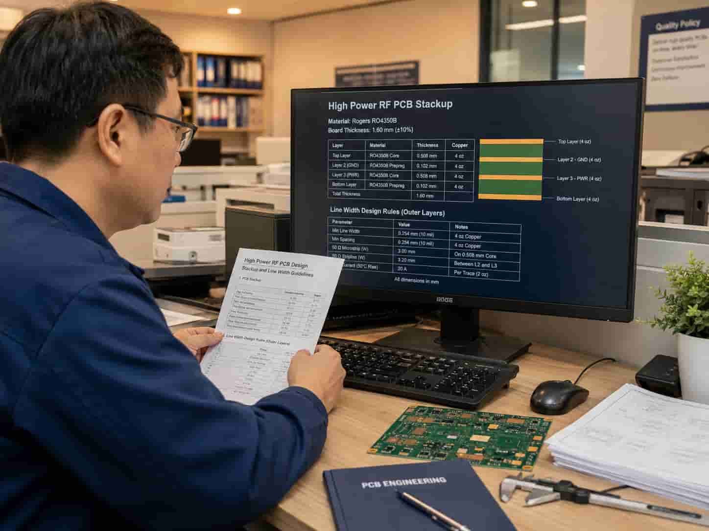 Riching PCB factory engineer reviewing heavy copper high frequency PCB design files with Rogers material stackup and 4oz copper layer specifications before production