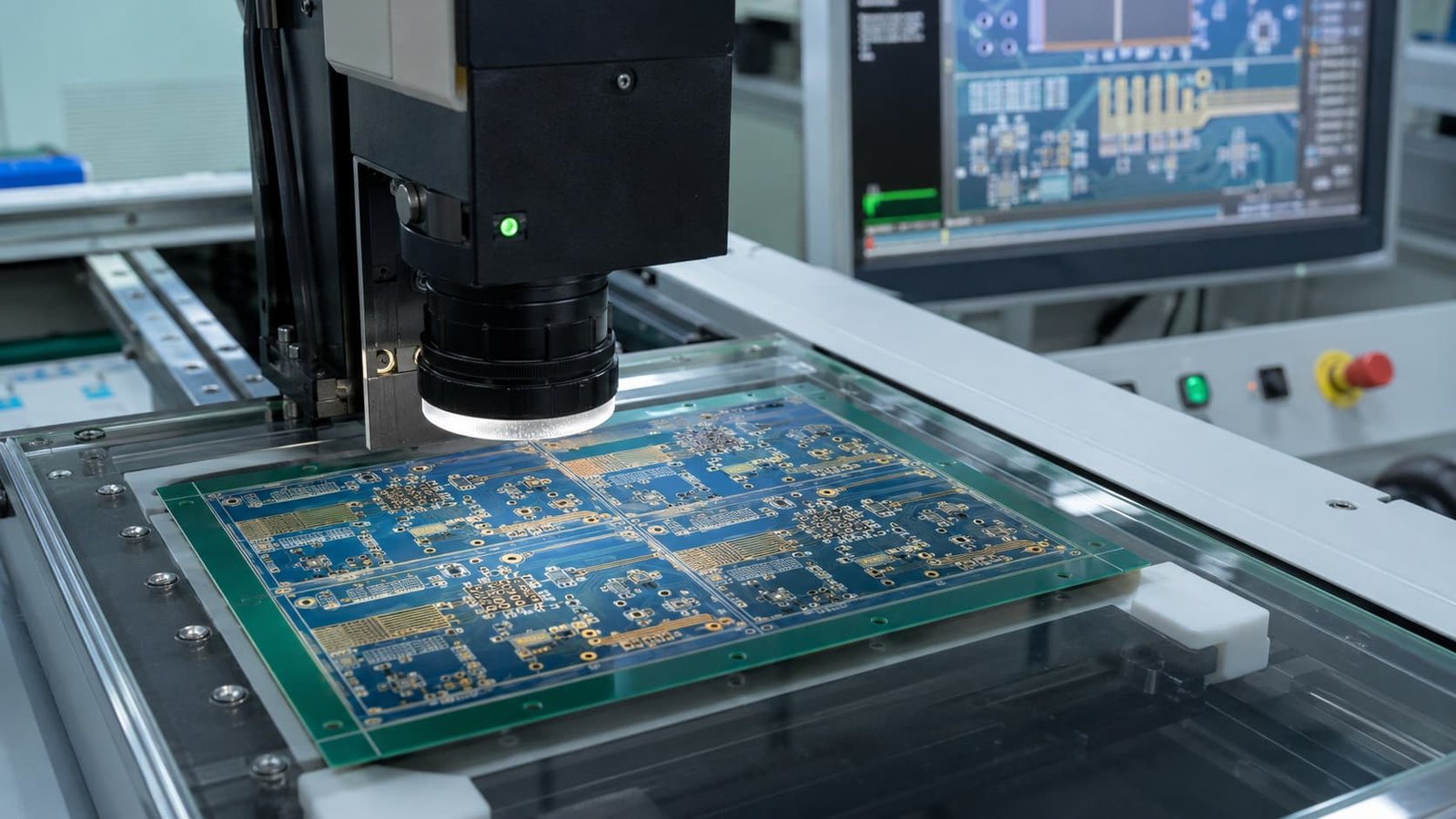 Automated factory drill bit cutting into a high frequency Rogers PCB panel to create plated through holes.
