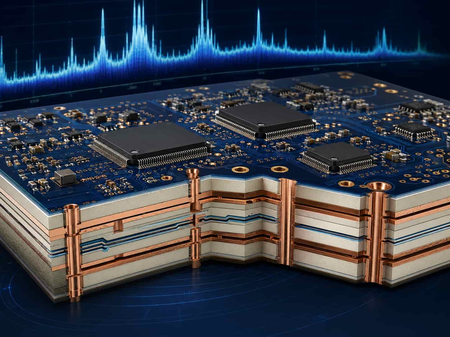 Rogers PCB for electronic warfare systems showing RT5880 and RO3003 wide-band high frequency board used in ESM ECM radar warning receiver and jamming applications