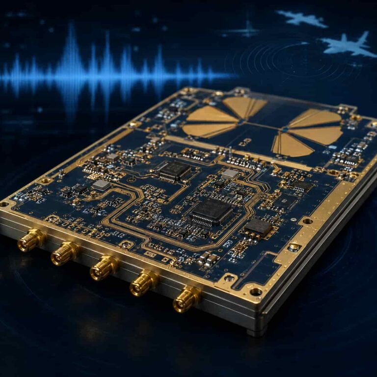 Featured image for electronic warfare PCB guide showing Rogers RT5880 and RO3003 high frequency circuit board used in EW ESM ECM radar warning and jamming systems