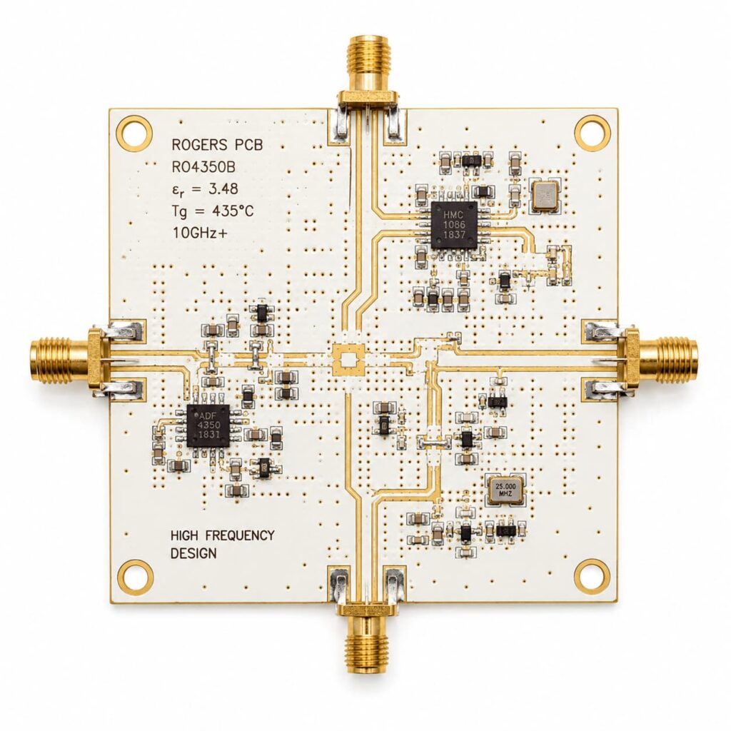 Rogers PCB on a white background with gold RF traces, SMA connectors, surface-mounted components, plated through-holes, and a high-frequency substrate for RF and microwave circuit applications.