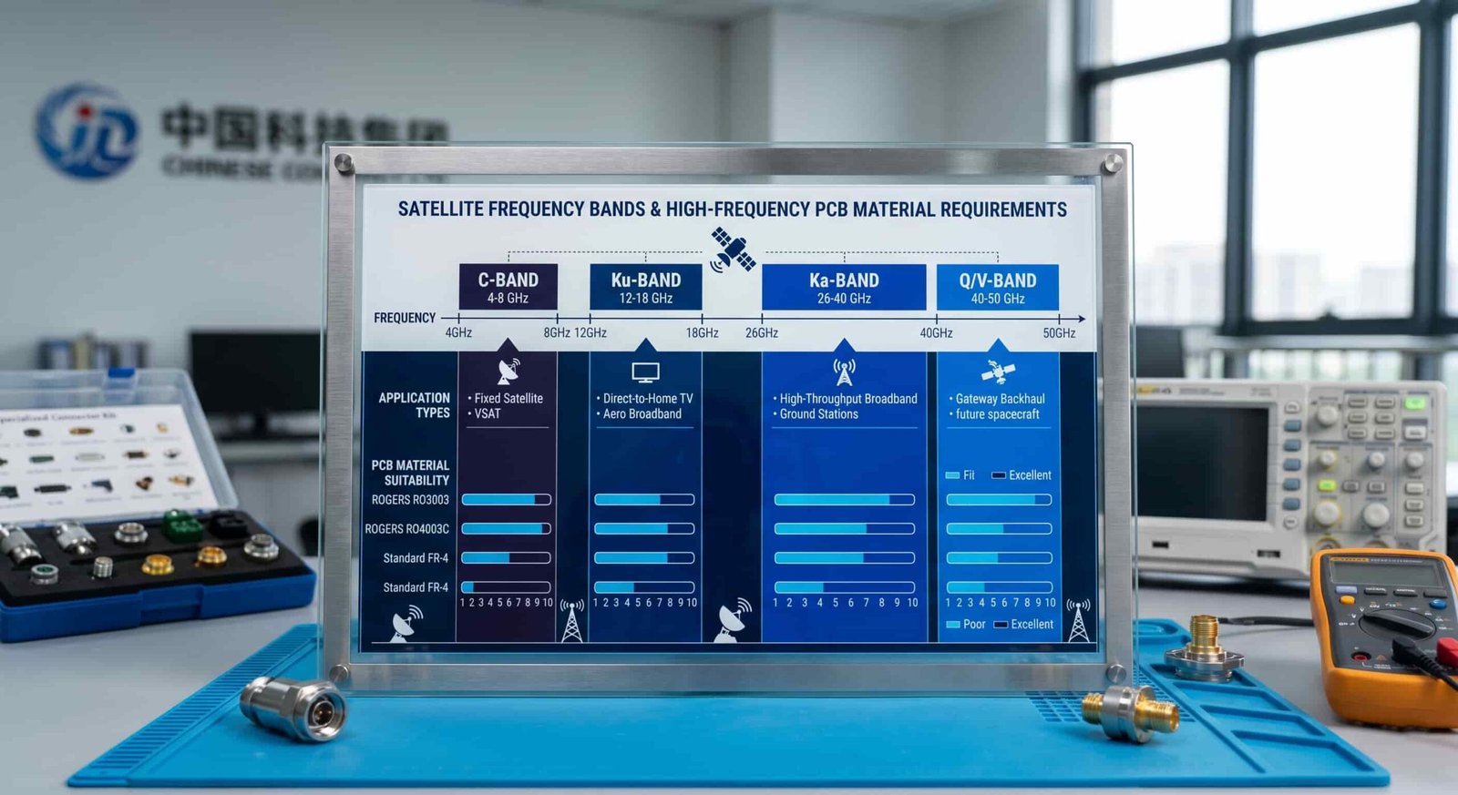 Satellite frequency band diagram showing C-band Ku-band Ka-band and Q/V-band frequency ranges and corresponding high frequency PCB material requirements for ground terminal and space electronics