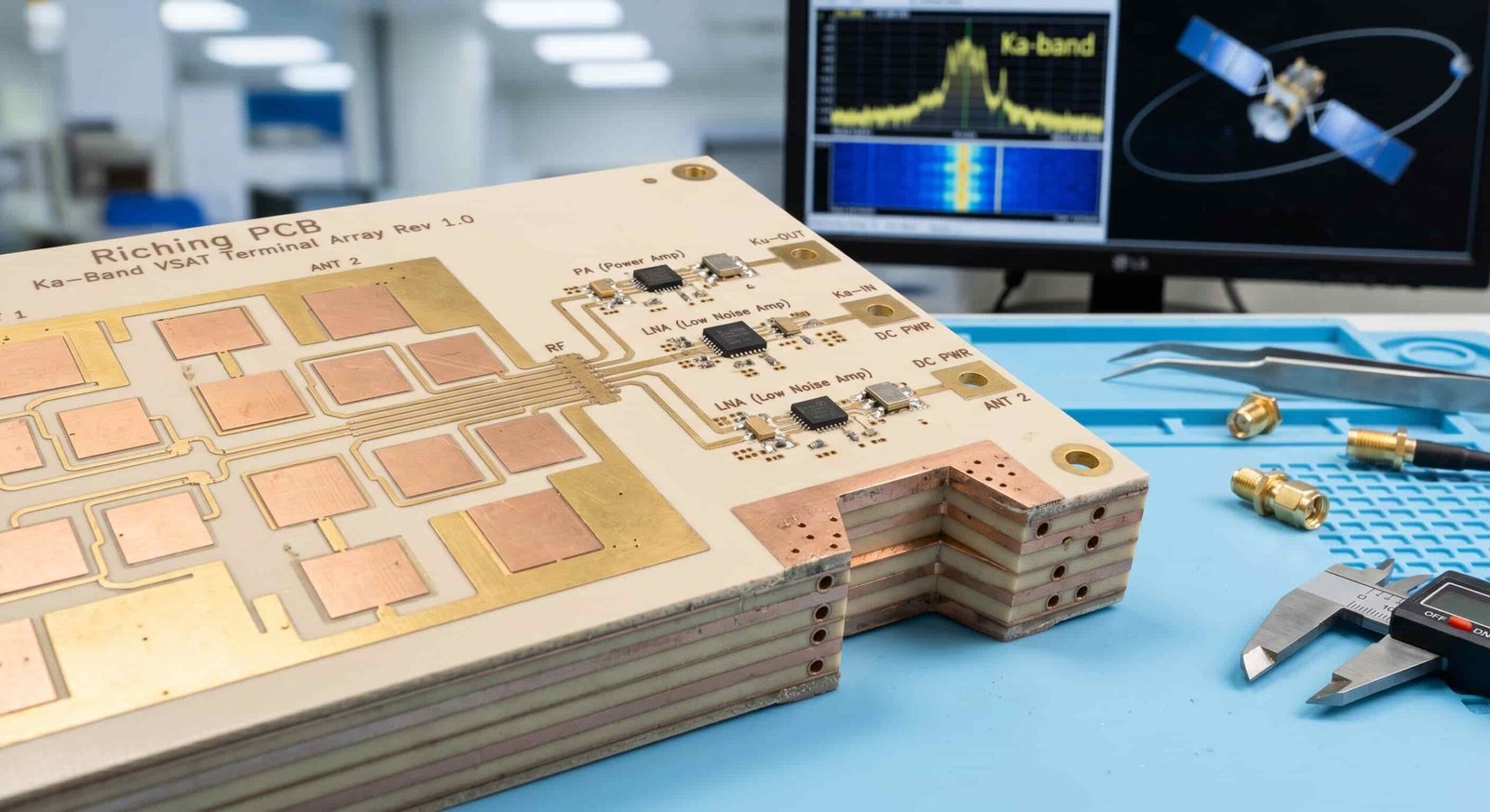 High frequency PCB for satellite communication showing Rogers PTFE multilayer board used in Ku-band and Ka-band ground terminal uplink downlink and VSAT applications