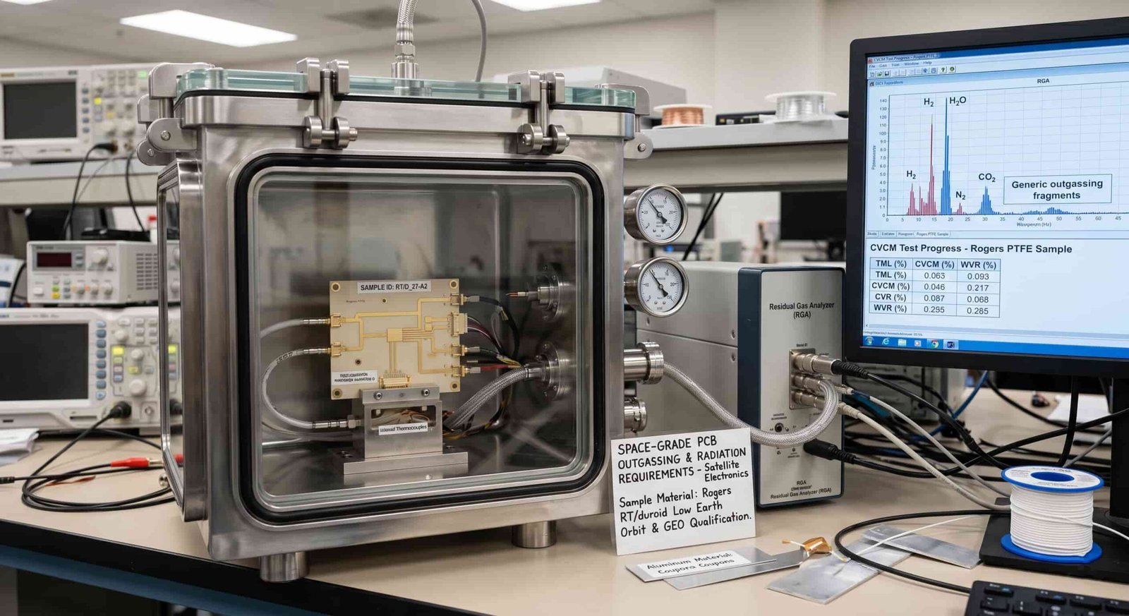 pace grade PCB outgassing test and radiation hardness requirements for satellite electronics showing Rogers PTFE material qualification for low earth orbit and geostationary satellite applications