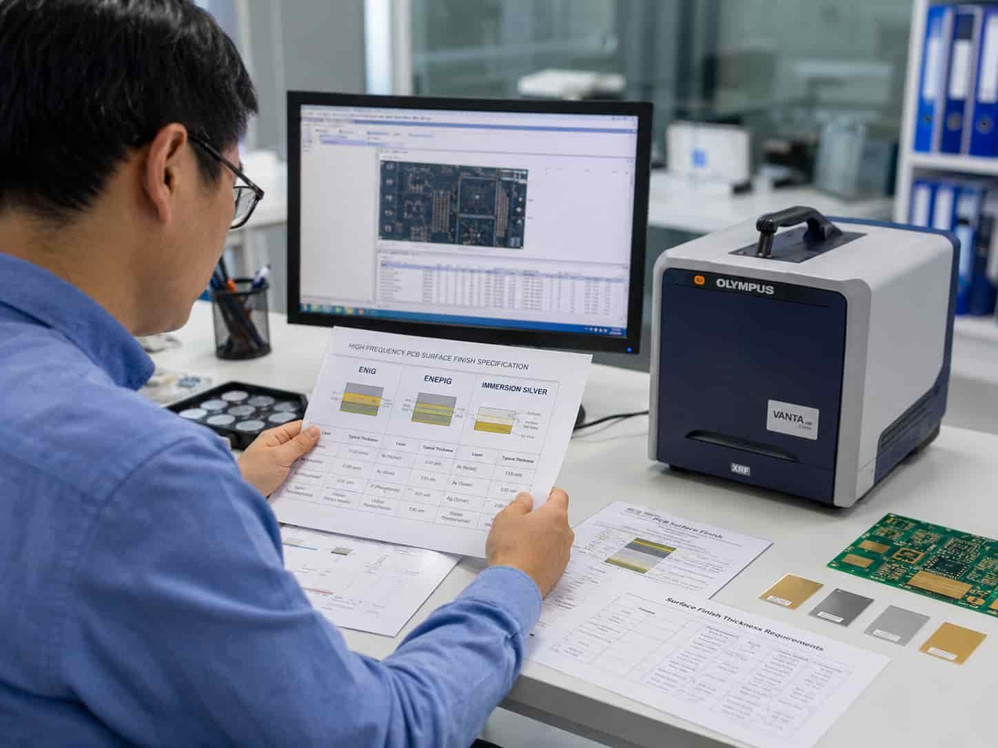 Engineer reviewing surface finish specification for high frequency PCB including ENIG nickel gold thickness ENEPIG palladium thickness and immersion silver requirements