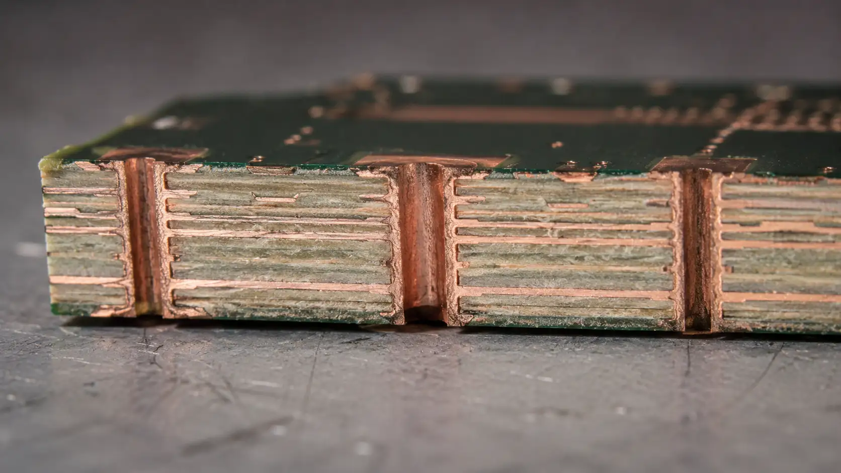 High frequency PCB cross section showing dielectric layer copper layers plated holes and material stackup review