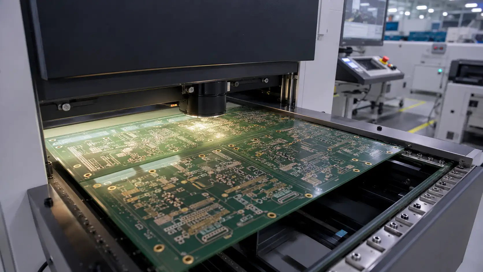 High frequency PCB panels under optical inspection with RF traces plated holes impedance coupons and production rails
