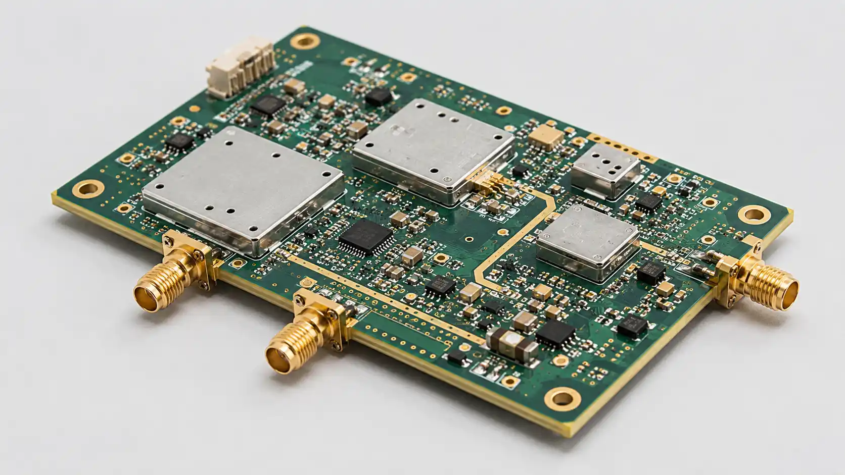 RF PCBA using high frequency material with shielding cans RF connectors controlled impedance traces and plated vias