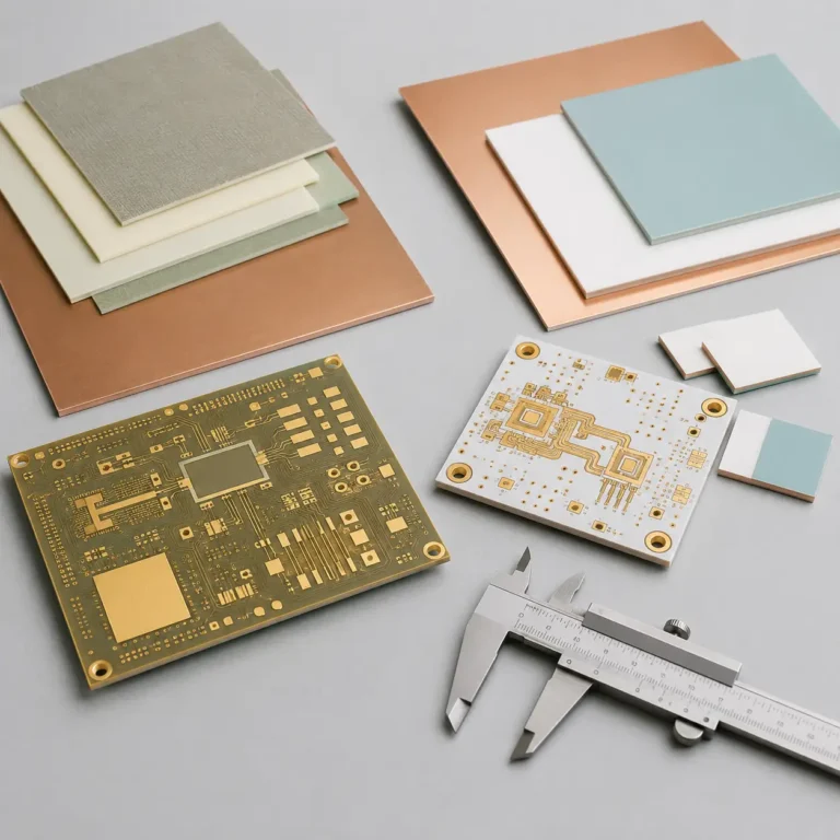 Taconic vs Rogers PCB materials comparison with high frequency PCB samples laminate sheets RF traces plated vias and caliper