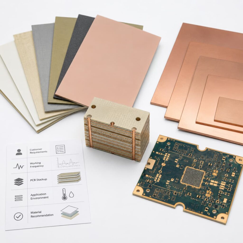 We can review material requirements based on customer specifications, working frequency, stackup, and application environment.
