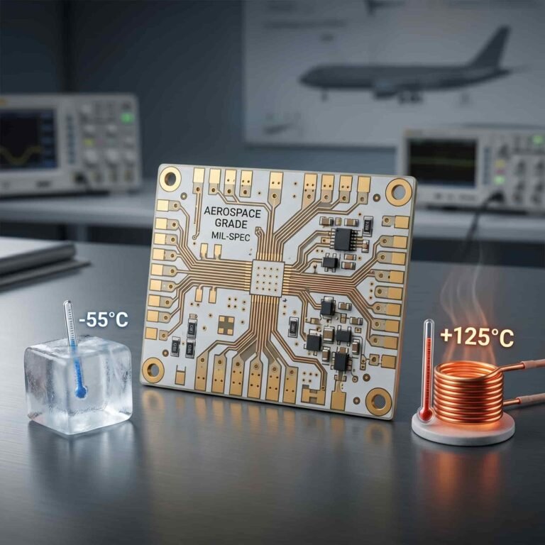 Featured image for wide temperature range PCB guide showing Rogers PTFE high frequency circuit board performance across -55°C to +125°C aerospace temperature range