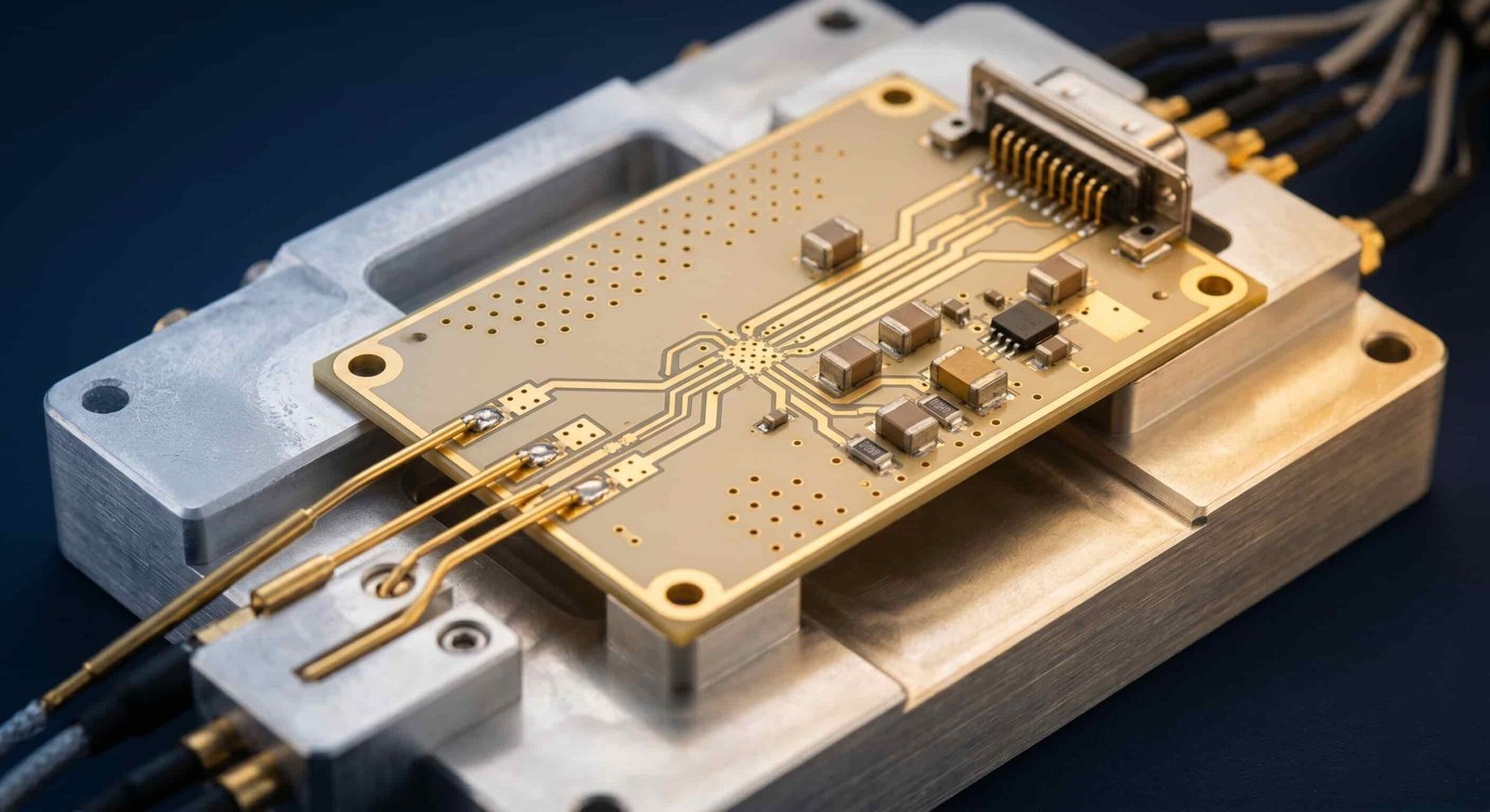 Wide temperature range PCB for aerospace applications showing Rogers PTFE laminate thermal stability and dimensional consistency from -55°C to +125°C for airborne defense electronics