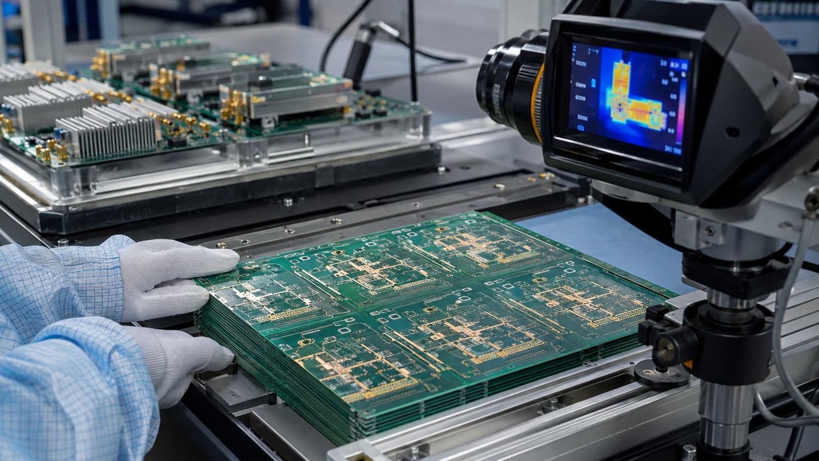 Wireless infrastructure PCB thermal reliability review with RF boards heat sink structures probes and production inspection setup