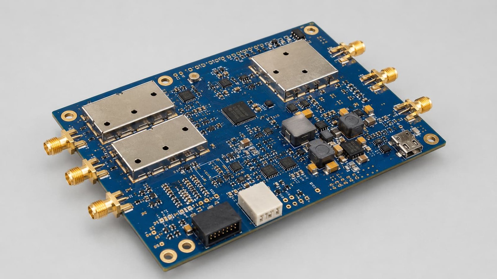 Wireless infrastructure PCB connector launch with ground vias via fence gold pads and controlled impedance trace