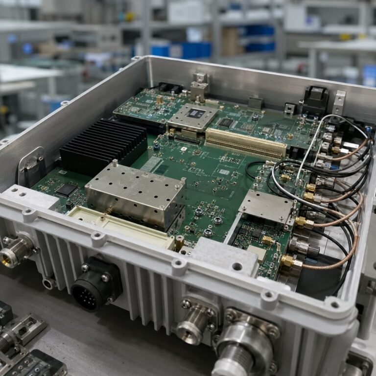 Wireless infrastructure PCB installed inside telecom RF equipment with shielding coaxial cables heat sink and metal enclosure