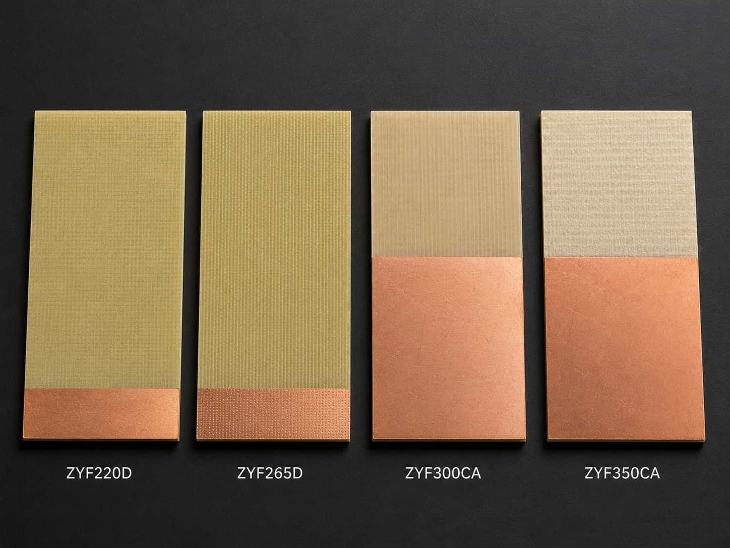 ZY high frequency PCB material samples showing ZYF220D ZYF265D ZYF300CA and ZYF350CA laminates with Dk range 2.20 to 3.50 as Rogers alternative for cost-sensitive RF microwave PCB