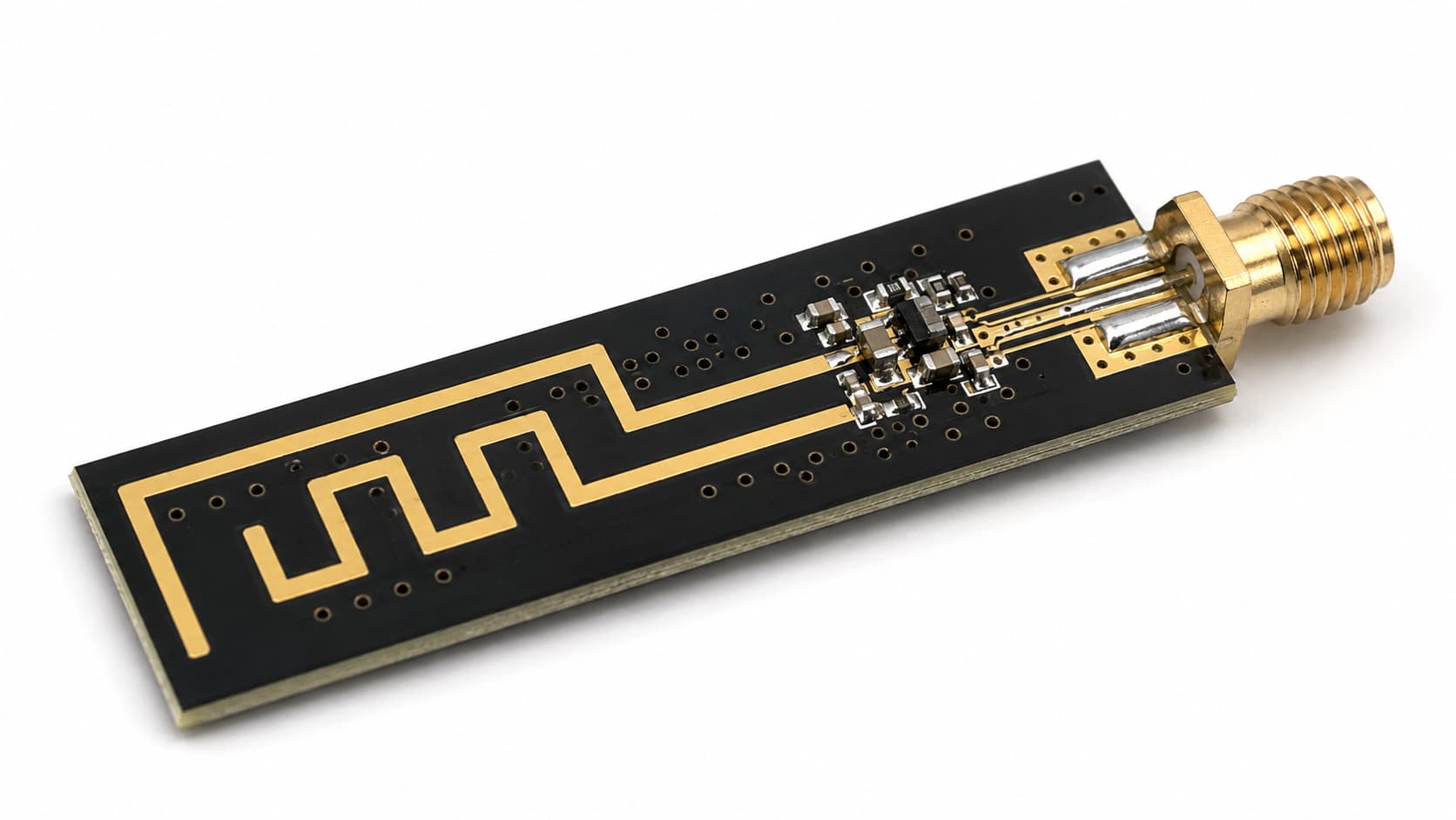 Antenna PCB for wireless devices with RF feed line matching circuit ground vias and high frequency material