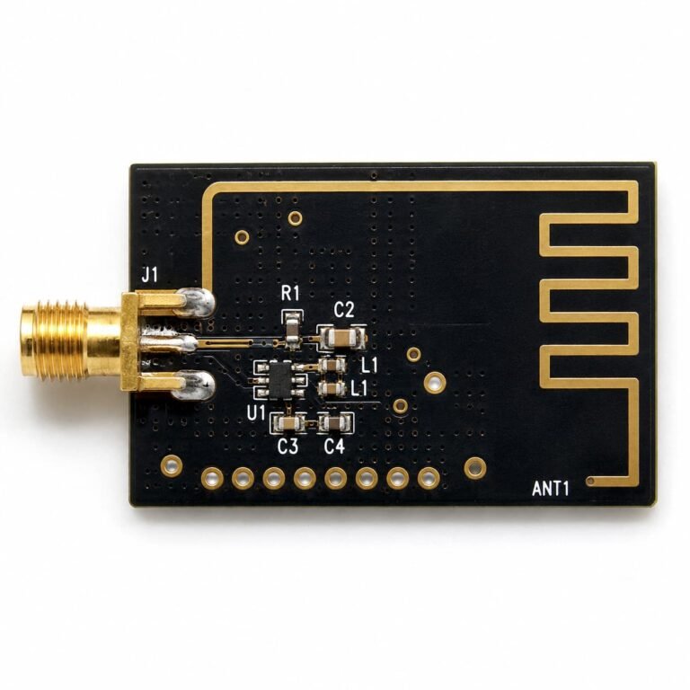 Antenna PCB for wireless devices with RF feed line matching circuit ground vias and high frequency material