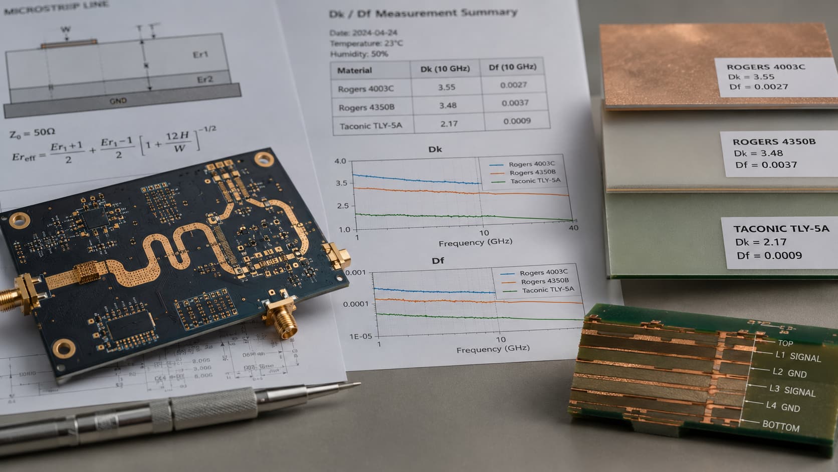 Dk and Df in high frequency PCB materials for RF microwave antenna and controlled impedance applications
