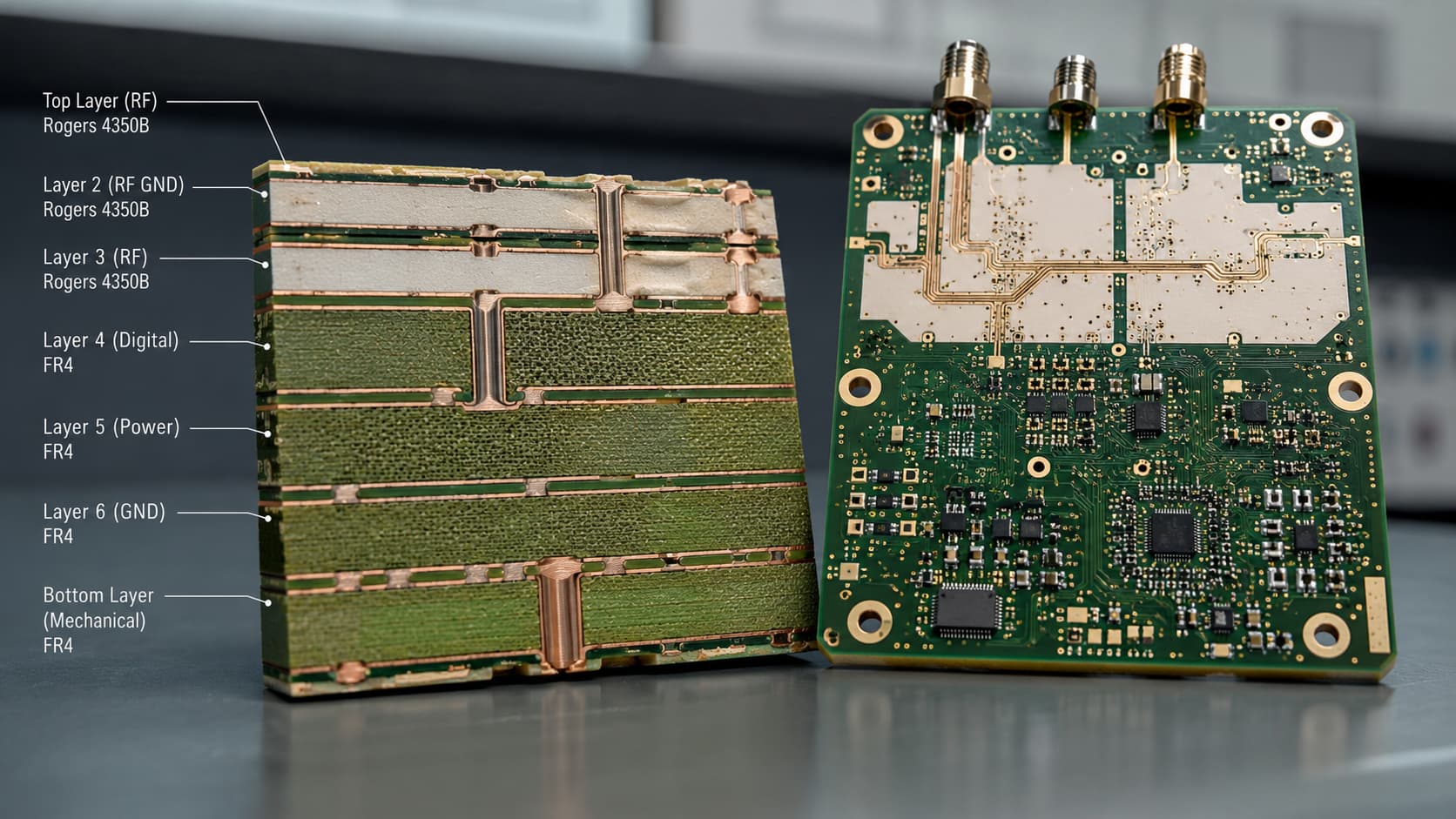 FR4 and Rogers hybrid PCB stackup for RF microwave antenna and high frequency PCB applications