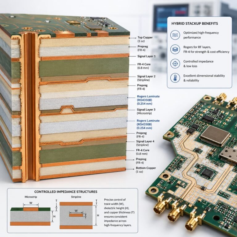 FR4 and Rogers hybrid PCB stackup for RF microwave antenna and high frequency PCB applications