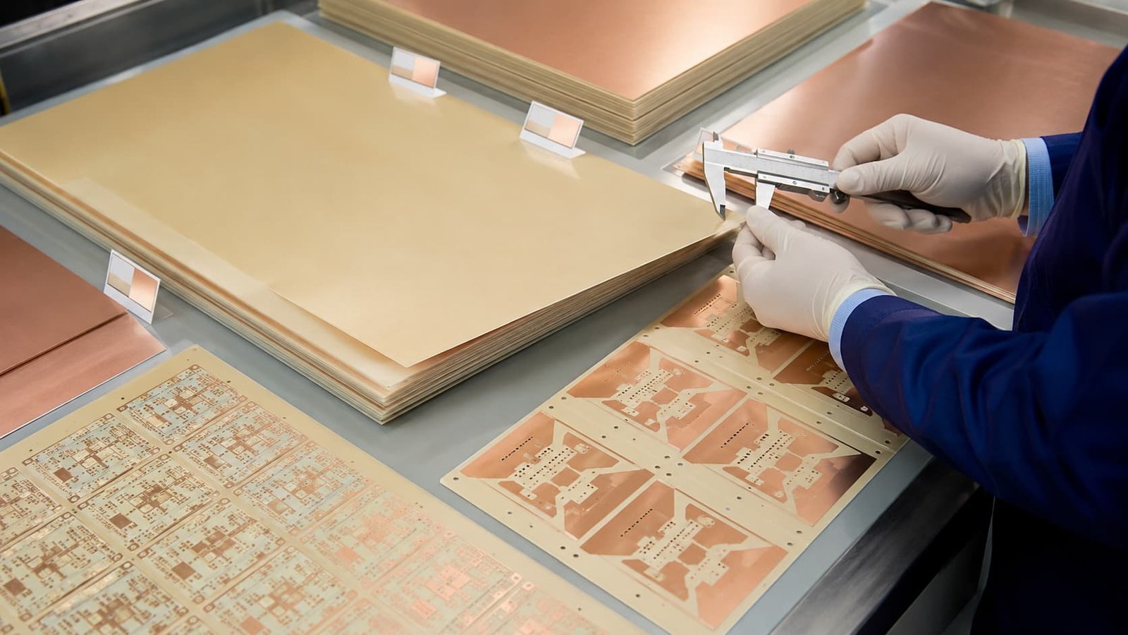 High frequency laminate sheets and microwave PCB panels being checked for material thickness and surface quality