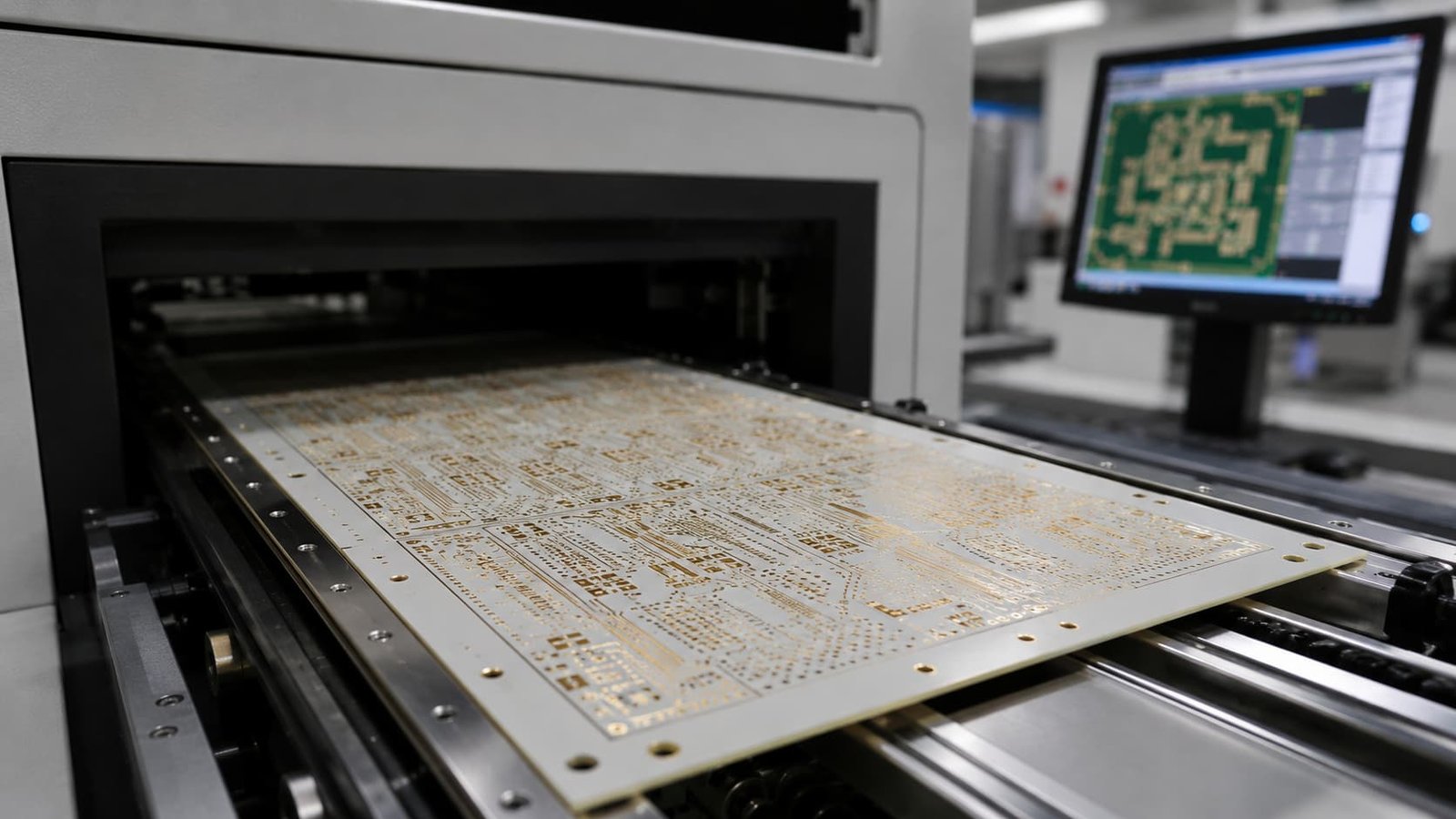 Microwave PCB panel under AOI production inspection with fine RF traces plated holes and controlled manufacturing process